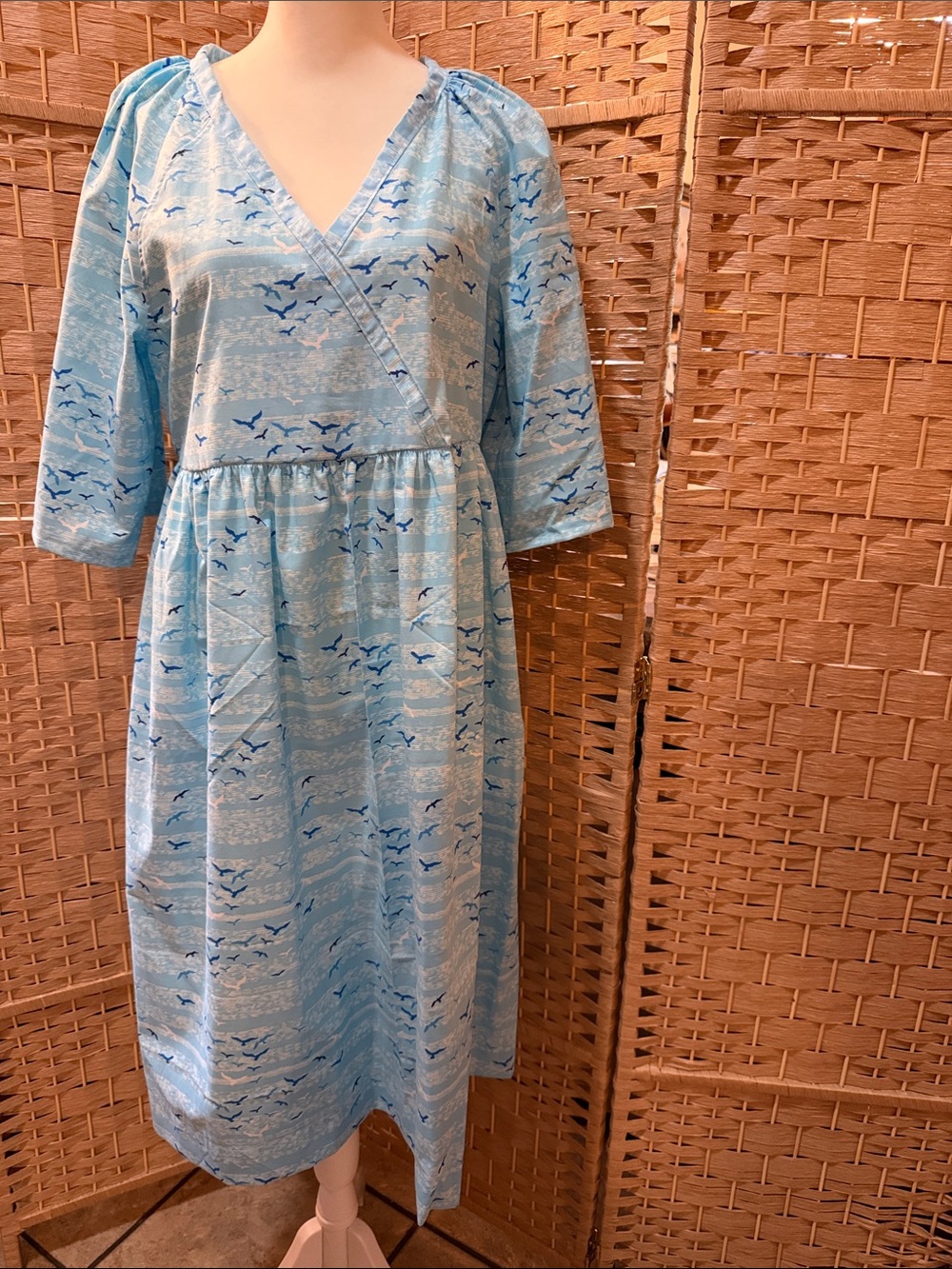 Hand Crafted Sky-Blue Seagull Print Wrap-Style Midi Dress
